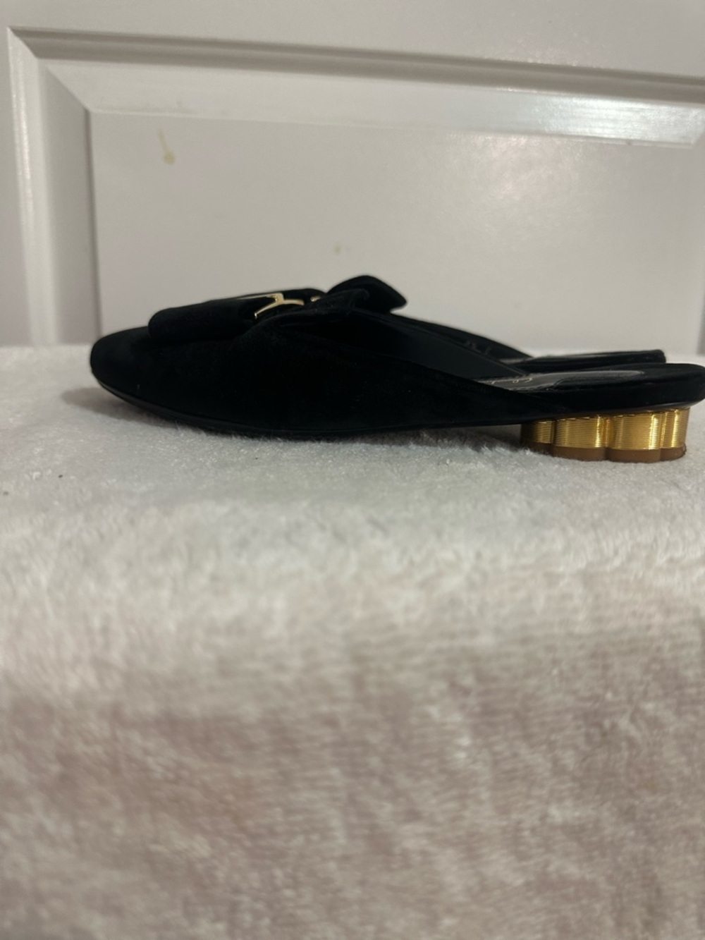 Salvatore Ferragamo Black Suede Slide Mules with Gold Accents - Picture 3 of 3